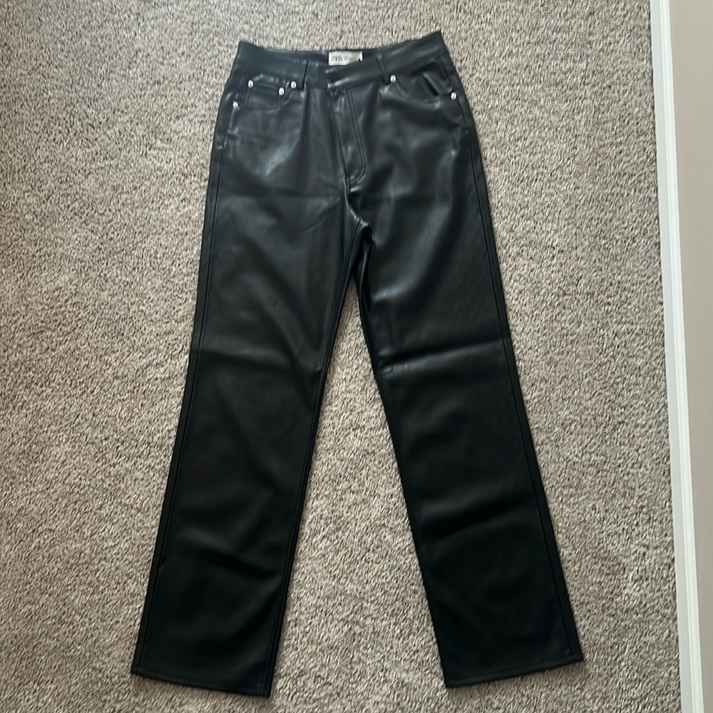 Black Faux Leather Straight Leg Pants Size 10 High Rise Vegan Leather Trousers